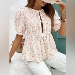 Floral Print Bow Tie Front Blouse Puff Short Sleeve Round Neck Peplum Shirt XS